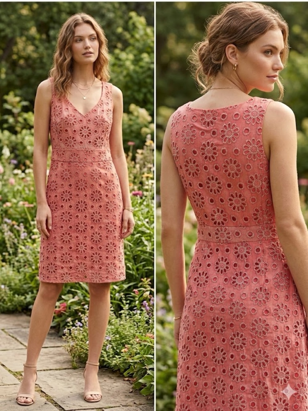 Anthropologie Coral Eyelet V-Neck Mini Dress